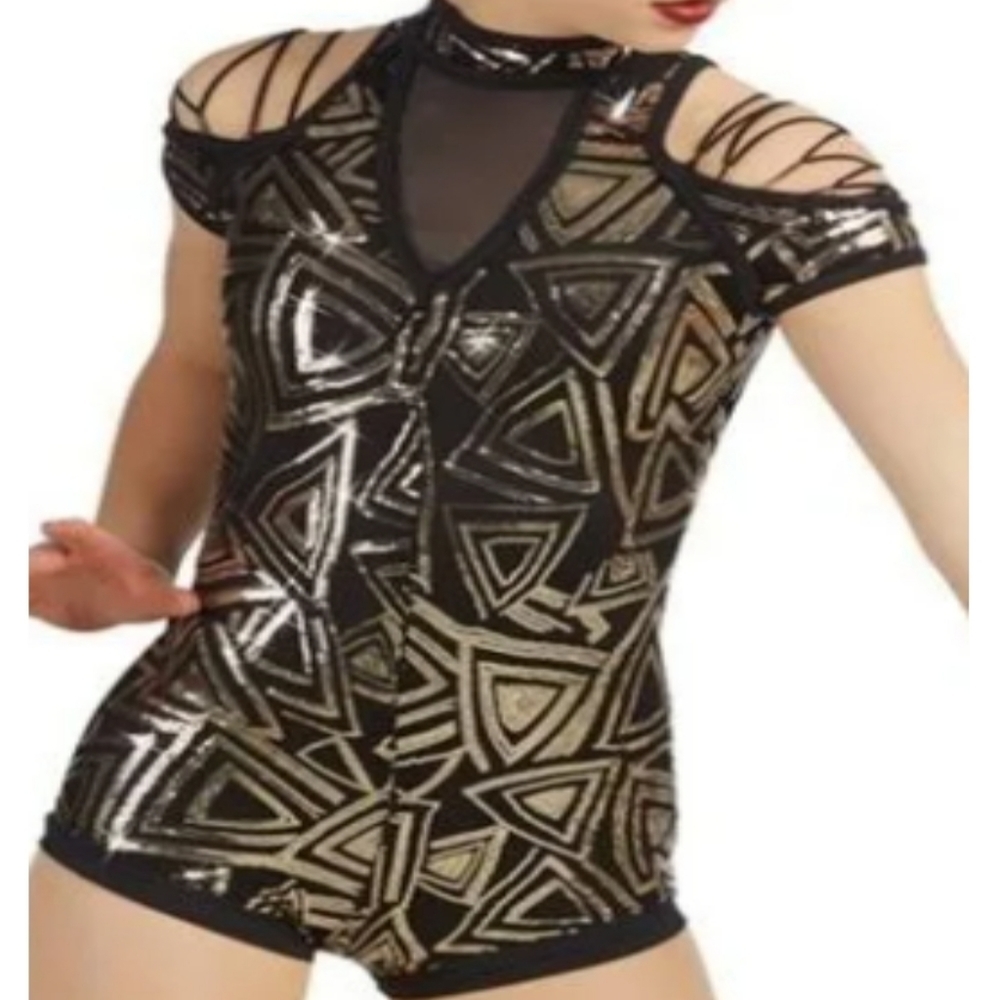 NWOT Weissman Costume Style 10876 Believer Gold Sequin Biketard Romper